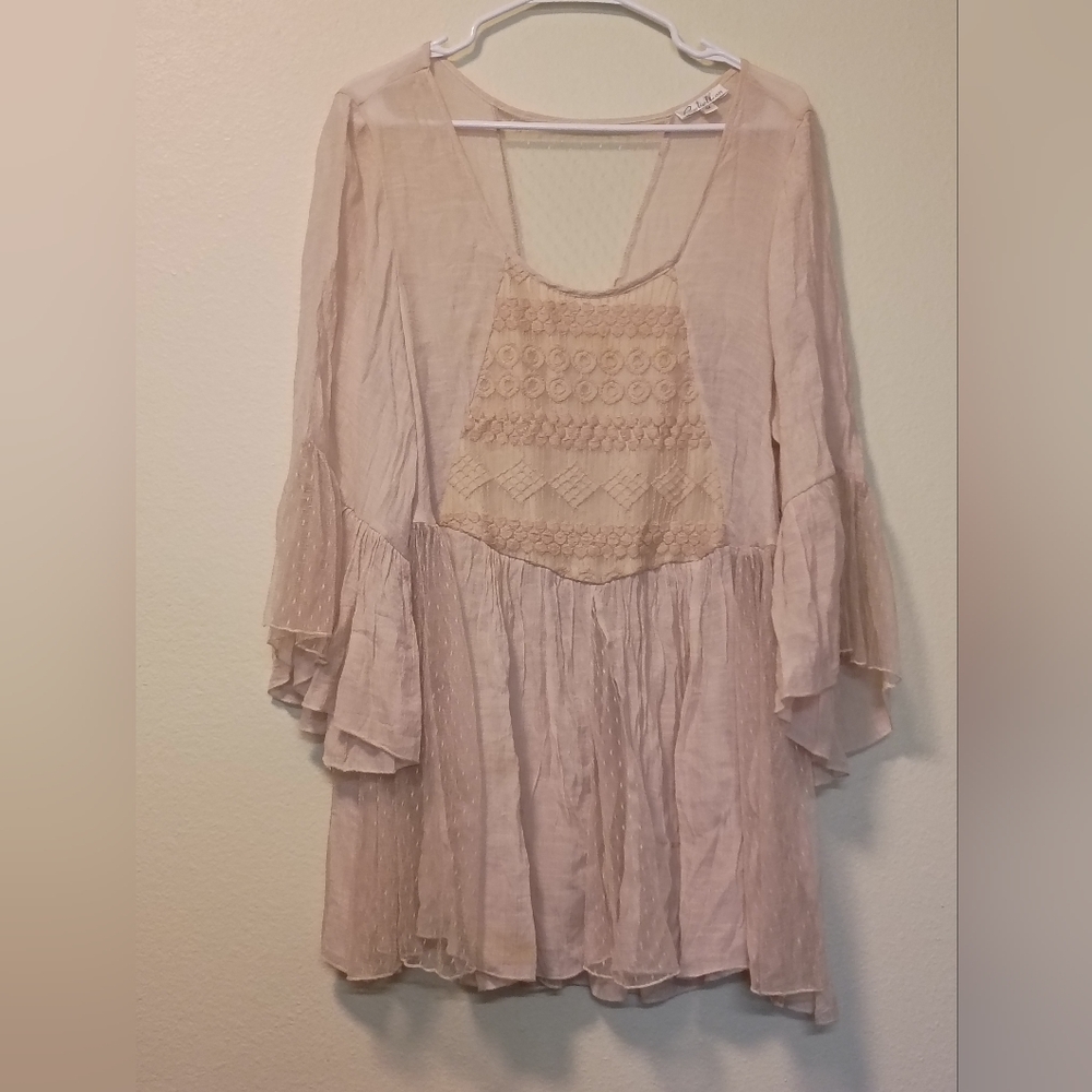 Rebellion 1X‎ Vintage Gauze 90s And Lace In Tea Stain Embroidery Tunic Blouse